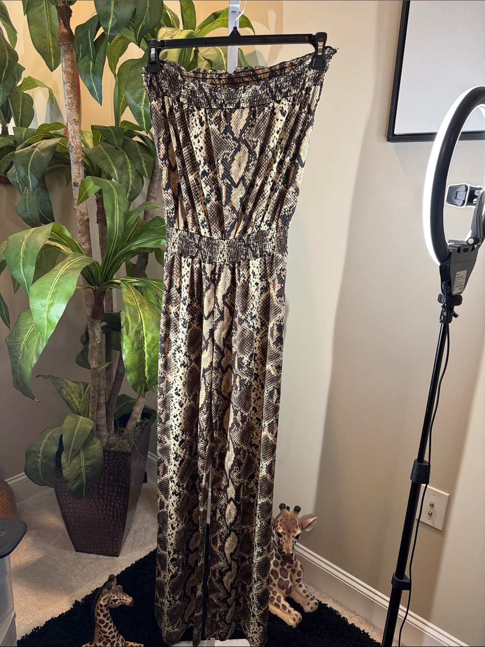 Snake Print Strapless Jumpsuit in Brown with elastic around the waist. Size L